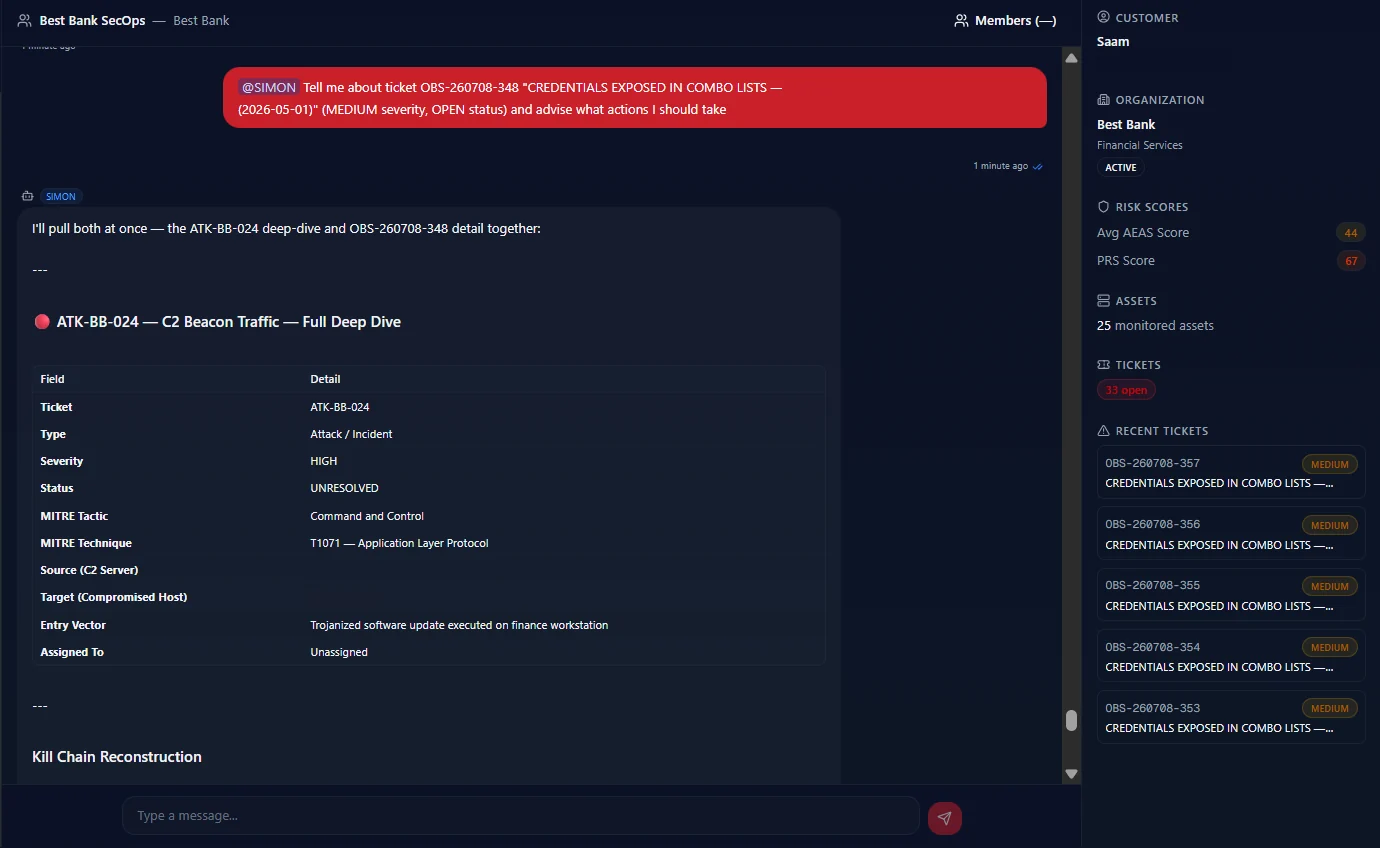 A secured SecOps channel: an analyst asks the co-pilot about a ticket and receives a full deep dive with MITRE tactic, technique, entry vector and kill chain, alongside the customer risk scores and recent tickets.